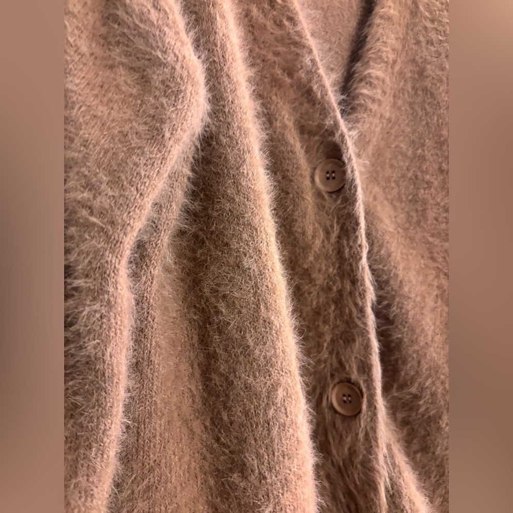 Slouchy V-Neck Cardigan Fuzzy Knit Sweater Oversized Drop Shoulder Long Sleeves - Picture 8 of 10